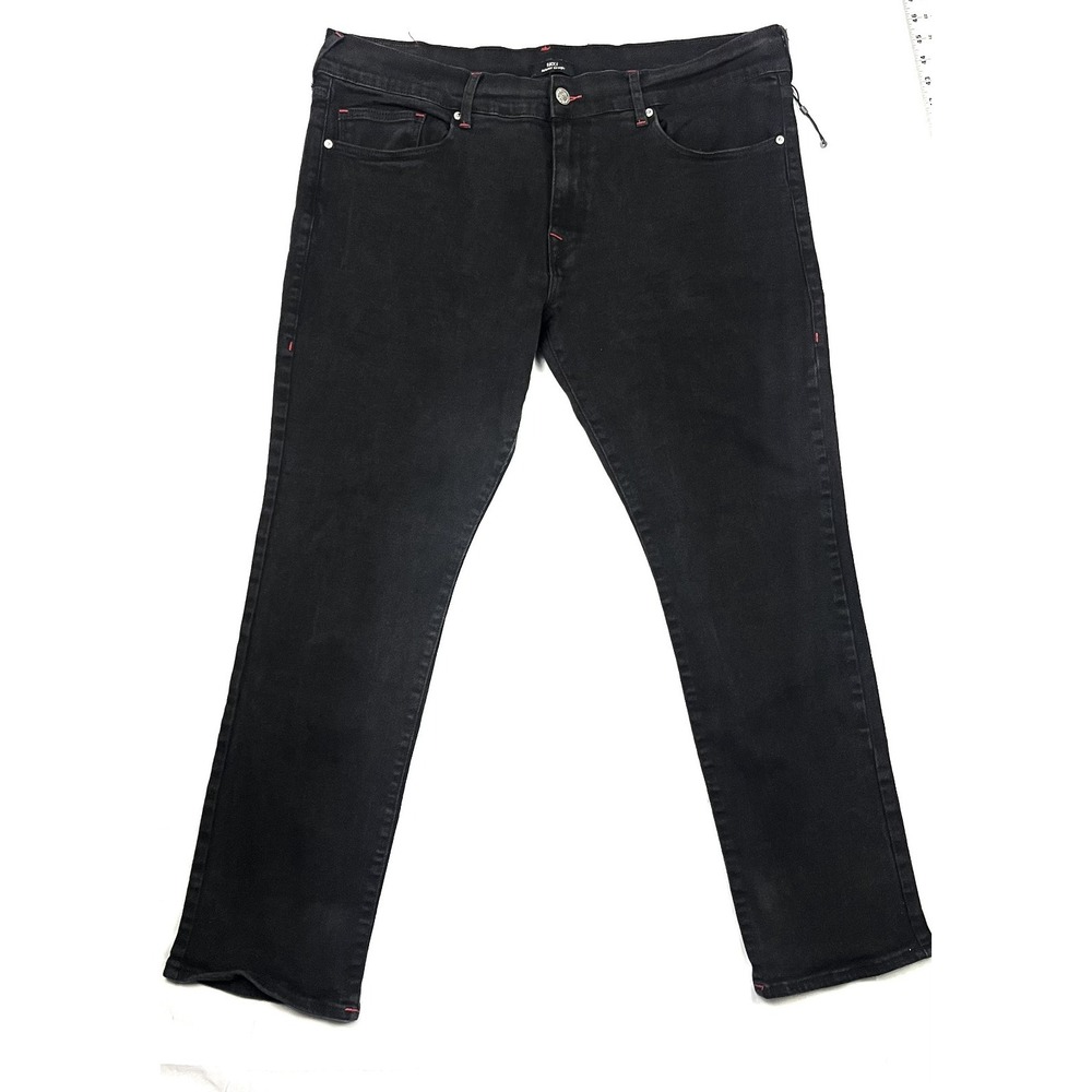 True Religion Ricky Mens 42 Relaxed Straight Black Denim Jeans Red Stitch